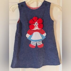 Vintage Girls NEIMAN MARCUS blue Red denim Raggedy Ann Dress Sz 5 1970s Rare